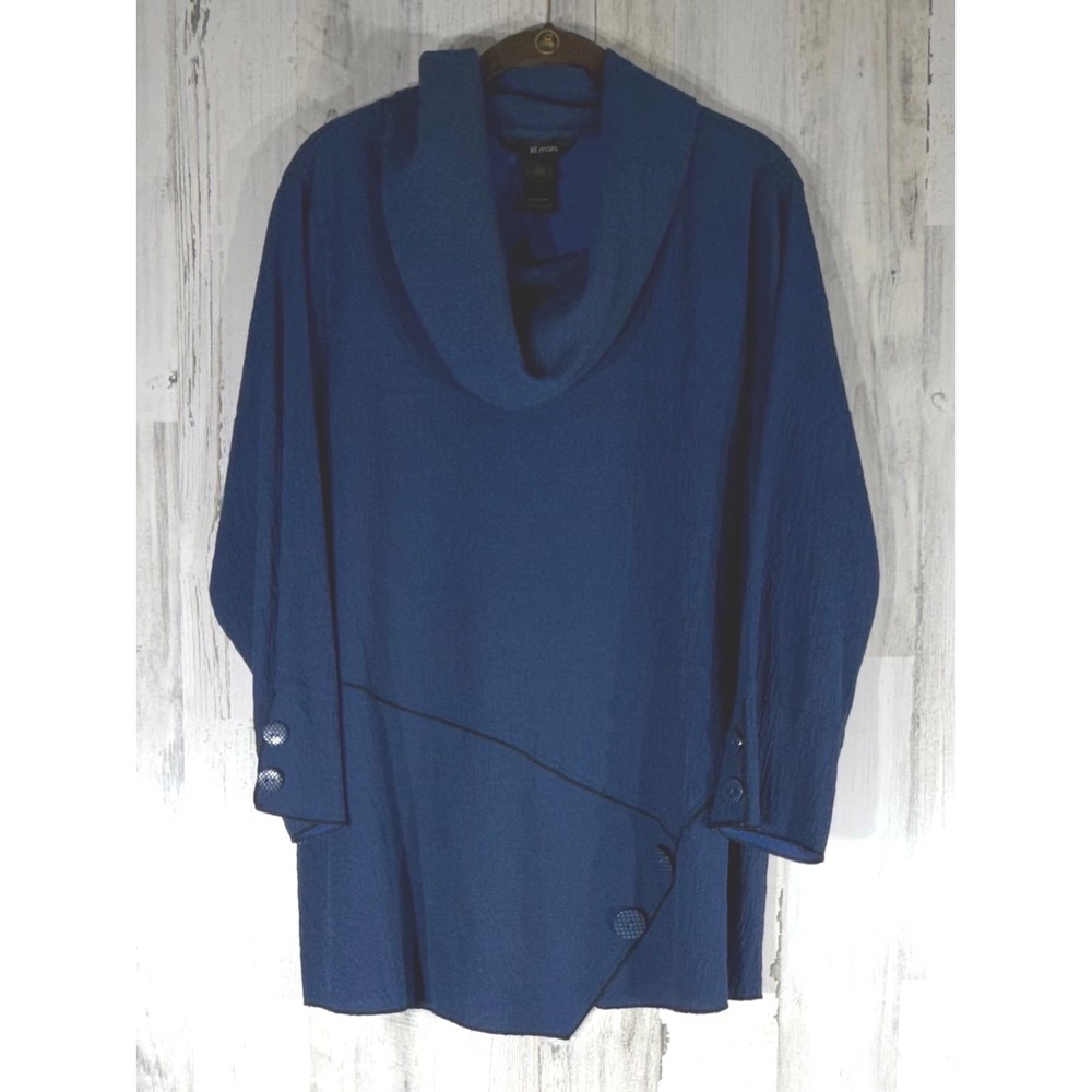 Ali Miles Tunic Size Large Blue Cowl Neck Asymmetric Hem Crinkle‎ Lightweight